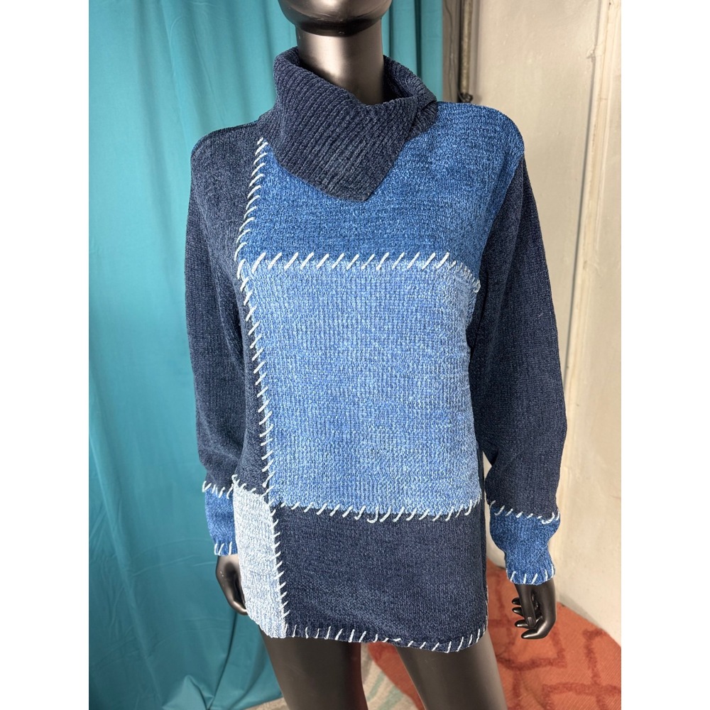 North Crest Patchwork Turtleneck Sweater Blue Den… - image 1